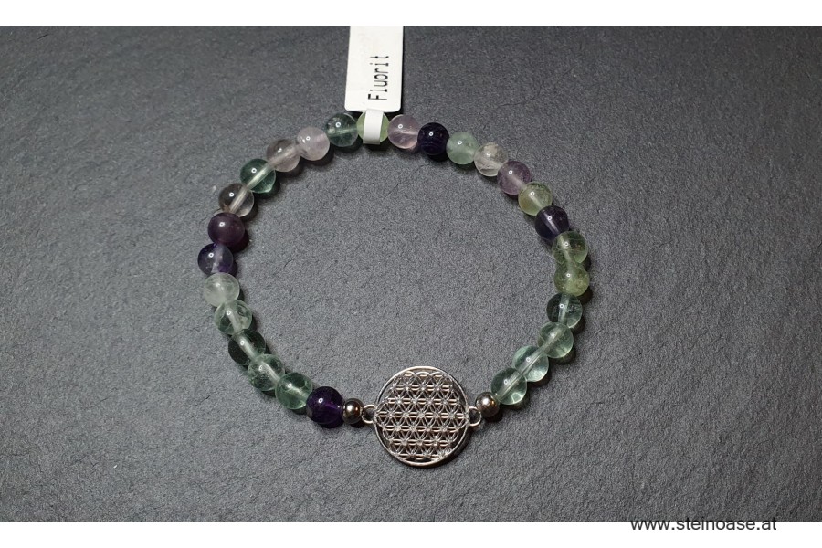 Armband Fluorit + Blume d.Lebens, 6mm Gr.S